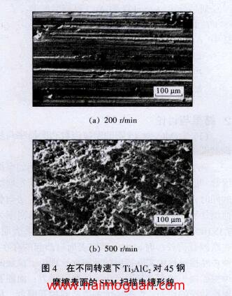 圖4 在不同轉(zhuǎn)速下Ti A1C 對45鋼 摩擦表面的SEM掃描電鏡形貌